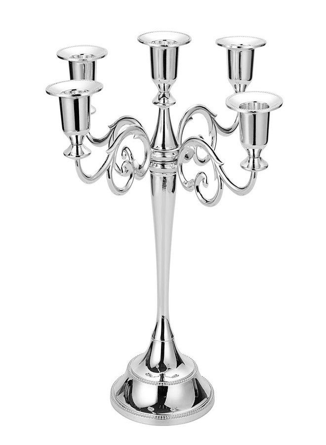 أونماي حامل شموع معدني فضي أنيق بخمسة أذرع من OwnMy، مناسب لتزيين طاولة الطعام أو المنزل في حفلات الكريسماس، لون فضي - Image 1